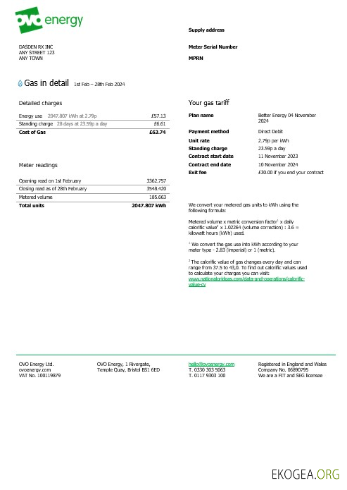 Royaume Uni Ovo Energy Business Utility Bill, modèle Word et PDF